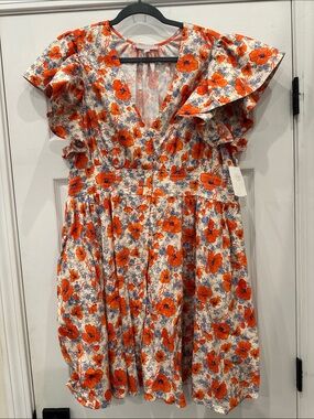 Chelsea28 Orange Floral V-Neck Ruffle Sleeve Dress (21)